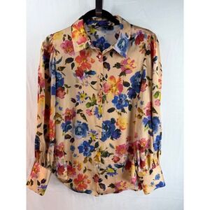 Zara Womens Floral Button Down Blouse Long Sleeve Satin Shirt Multicolored Small